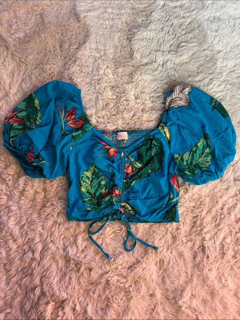 SO Blue Tropical Puff-Sleeve Tie-Front Crop Top